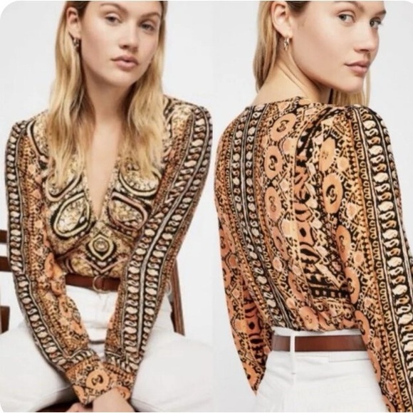 Free People Top Wild And Free Crop Blouse Orange Black Long Sleeve - Picture 1 of 6
